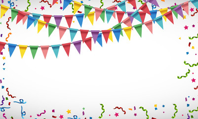 Blank background with colorful party flags and confetti