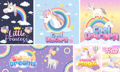 Fototapeta premium Cute unicorn banner on pastel background color
