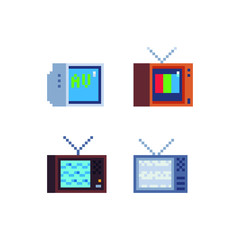 Retro TV pixel art icons set. 8-bit sprite. Game assets. Isolated abstract vector illustration.