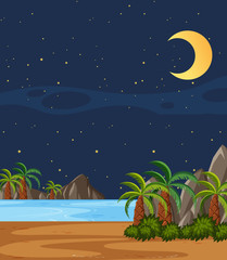 Vertical nature scene or landscape countryside with plam trees by the beach and blank sky at night