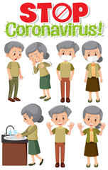 Stop coronavirus logo with set of old people in different actions in coronavirus theme