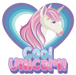 Cool unicorn logo in pastel color with cute unicorn in heart frame