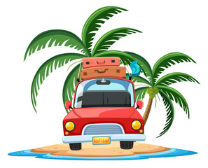 Travelling car on the tropical island cartoon character on white background