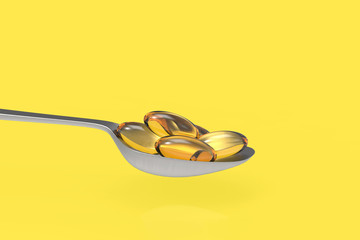 3d rendering. Vitamin Omega-3 fish oil capsules on metal spoon isolated on Yellow background.