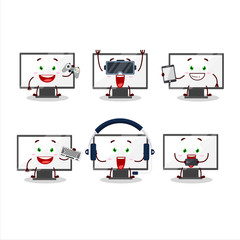 Monitor cartoon character are playing games with various cute emoticons