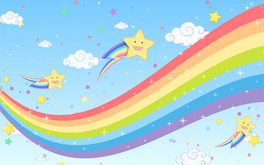 Blank rainbow with smiley stars on bright blue sky background