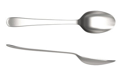 3d rendering. top and side view set of metal spoon with clipping path isolated on white background. - obrazy, fototapety, plakaty