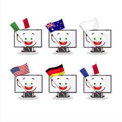 Monitor cartoon character bring the flags of various countries