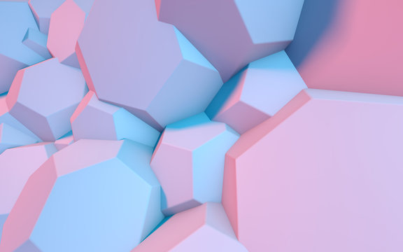 Abstract background with 3D shapes flying in pink and blue light as a messy array or chaotic structure for any pastel backdrop