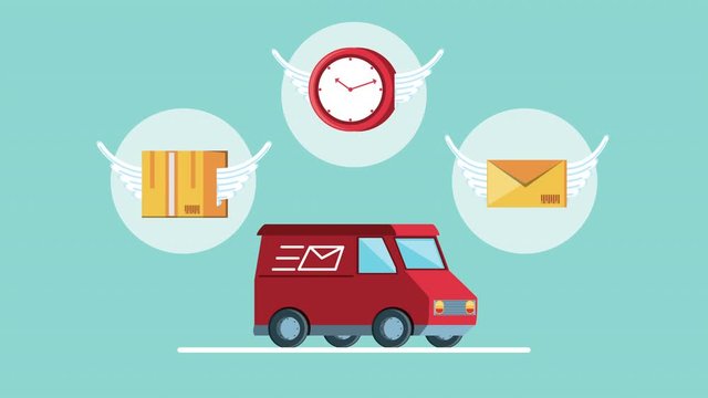 logistic service with van and set icons flying