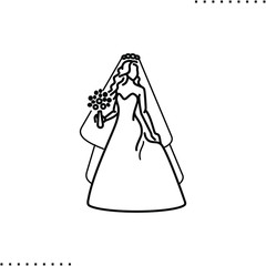 Bride, fiancee, veil, wedding dress vector icon in outlines