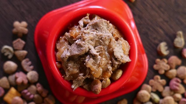 Zoom out and in of rotating wet pet food in a bowl