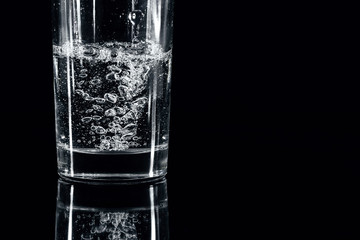 Pouring mineral water into glass on black background. Extreme close-up