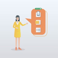 CONTACT US (Customer Support Hotline people CONNECT ),operator with headset,online services 24 hours,mobilephone,mail,message in box,Vector illustration.