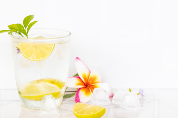 herbal healthy drinks cold lemonade with  flower frangipani and iced of lifestyle in summer...