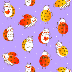 Seamless pattern with cute little ladybugs on purple background - cartoon background for funny children design