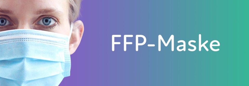 FFP-Maske (Coronavirus). Portrait von Frau mit Mundschutz (Close up). Text auf Hintergund. Krankenschwester