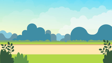 Meadow nature landscape on spring.Vector illustration.Nature scene with sky cartoon background.Park outdoor with natural  view.