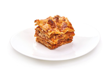 Traditional Homemade Italian Lasagna, isolated on white background