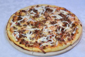 pizza, food, cheese, italian, isolated, pepperoni, tomato, dinner, salami, white, baked, meal, crust, ham, mozzarella, snack, lunch, sausage, tasty, sauce, delicious, pepper, fast, dough, meat