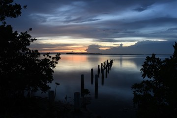 sunset, old dock posts