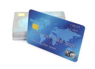 Blue plastic credit cards on white background