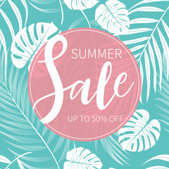 Summer sale seamless pattern with monstera and palm leaf on green background.  Great for fabric, textile, cloth, wrapping and wallpaper.  vector illustration.