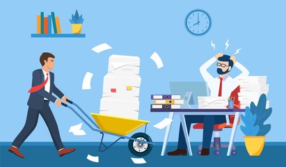 Overworked in the office. male worker at the desk exhausted with too much paper work, his colleague pushing a wheelbarrow full of paper, documents. Vector illustration in flat style