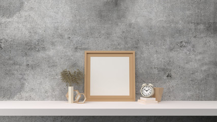 3D Render of Interior Poster Mockup with Blank Frame,  Concrete Wall, Clock, Dried Flower, Hexa Decoration, Empty Vase