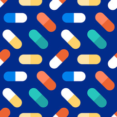 Colorful vector pills, vitamins, food suppliments on blue seamless pattern background.

