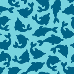 Seamless pattern with silhouettes of dolphins in light blue background. Minimalistic design with dolphins for prints and backgrounds. Flat vector illustration.