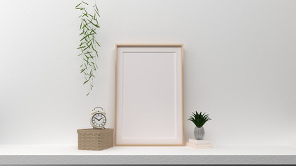 3D Render of Interior Poster Mockup with Blank vertical Frame, succulent, hanging plant, picnic basket, and clock