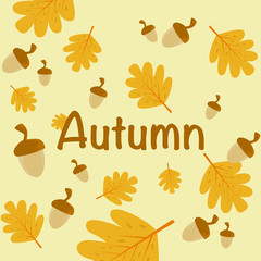 Seamless pattern background of falling brown leaves and Acorn on a yellow background.  Concept of fallen leaves in autumn season