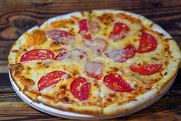 pizza, food, cheese, italian, isolated, pepperoni, tomato, dinner, salami, white, baked, meal, crust, ham, mozzarella, snack, lunch, sausage, tasty, sauce, delicious, pepper, fast, dough, meat