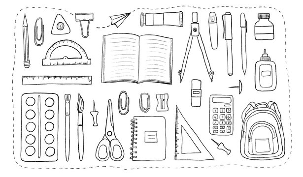a set of accessories for school and office. A line art of stationery isolated on a white background. illustration depicting pens, notebooks, pencils, scissors, a backpack, and other elements.