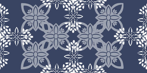 White ornate on blue luxury background. Damask style vector pattern. Renaissance surface design