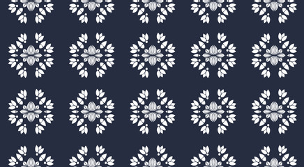White ornate on blue luxury background. Damask style vector pattern. Renaissance surface design