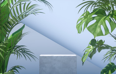 Natural beauty podium backdrop for cosmetic product display with tropical palm leaves. 3d render.