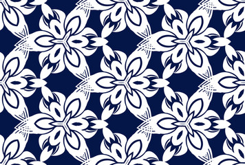 White ornate on blue luxury background. Damask style vector pattern. Renaissance surface design