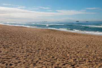 Stretch of Beach with Ships Anchored on Horizon