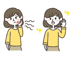 歯が痛む若い女性と、治った若い女性のイラストセット