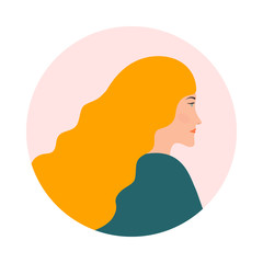 Portrait of a young girl with long blonde hair in side view. Woman avatar profile flat design. Vector illustration