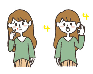 吹き出物で悩む若い女性と、治った若い女性のイラストセット