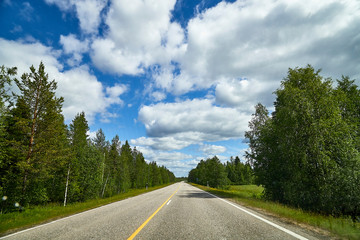 Fototapeta premium Beautiful landscape with blue sky, white clouds and the road that goes to the horizon with the forest and trees on the roadsides