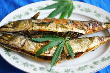 cannabis food. classic cannabis leaf lies on a baked fish stuffed with young leaves of marijuana. homemade fish food