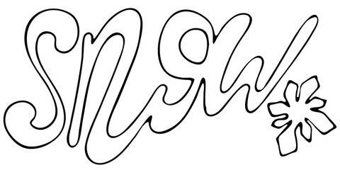 funny lettering snow with snowflake, lettering, cute winter doodles, coloring book, vector element in doodle style