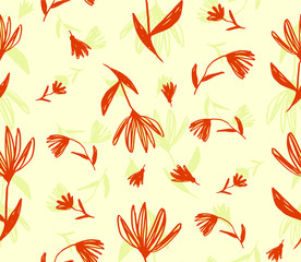 Fototapeta na wymiar Hand Drawing Abstract Exotic Flowers and Leaves Sketch Repeating Vector Pattern Isolated Background