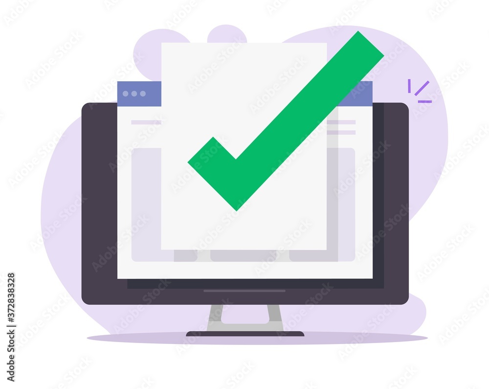 Poster approved and confirmed document file check mark online on computer pc blank empty, quality control c