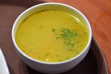 soup, food, bowl, vegetable, meal, dinner, healthy, cream, lunch, vegetarian, plate, dish, pumpkin, appetizer, white, parsley, yellow, chicken, hot, green, fresh, cuisine, gourmet, squash, diet