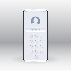 Keypad with numbers on screen phone. Neumorphic UI, round buttons, UX white user interface elements for smartphone. Keyboard template in touchscreen device. Vector illustration